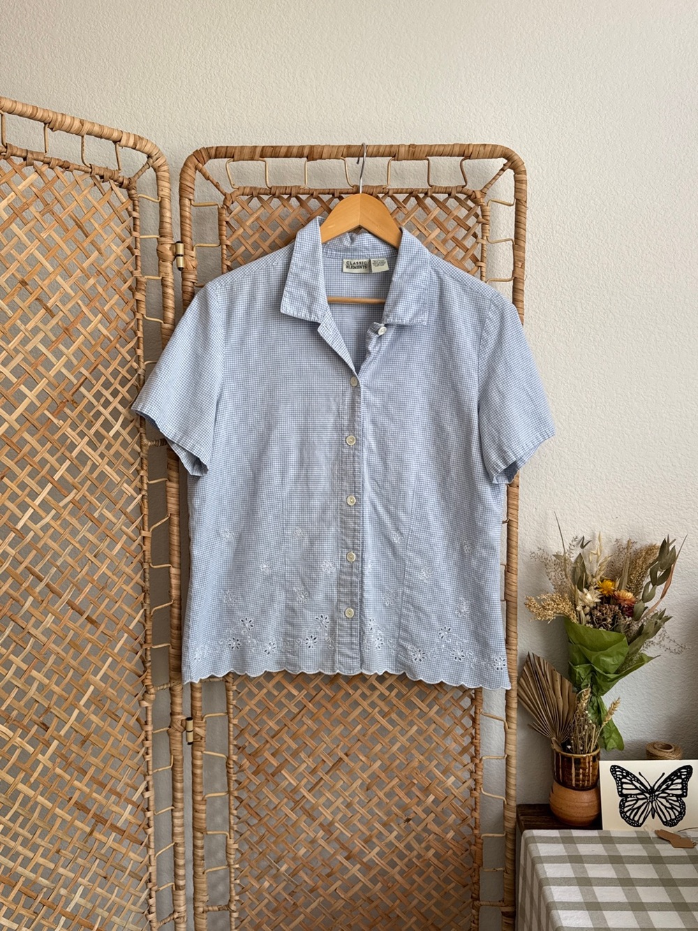 Vintage Gingham Eyelet Hem Button Up Shirt
